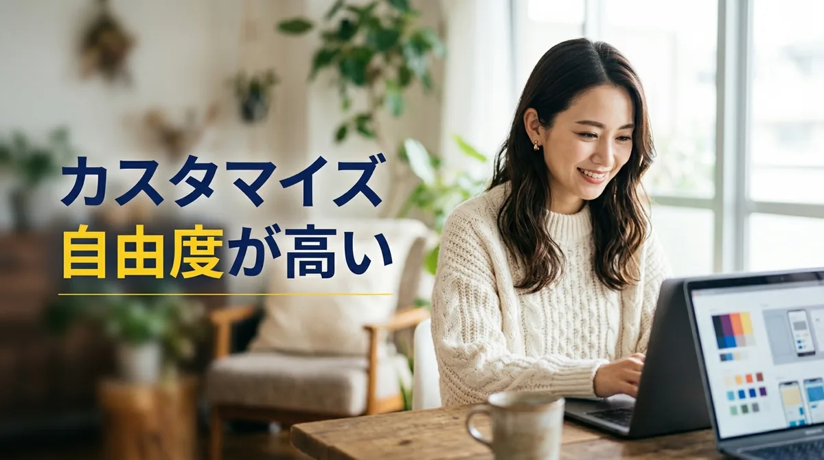 ノートパソコンでブログのデザインをカスタマイズする様子と「カスタマイズ自由度が高い」の見出し