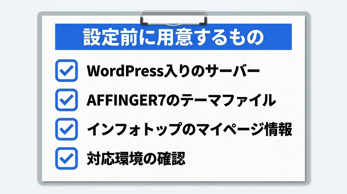 AFFINGER7の設定前に用意するものをまとめたチェックリストの図解