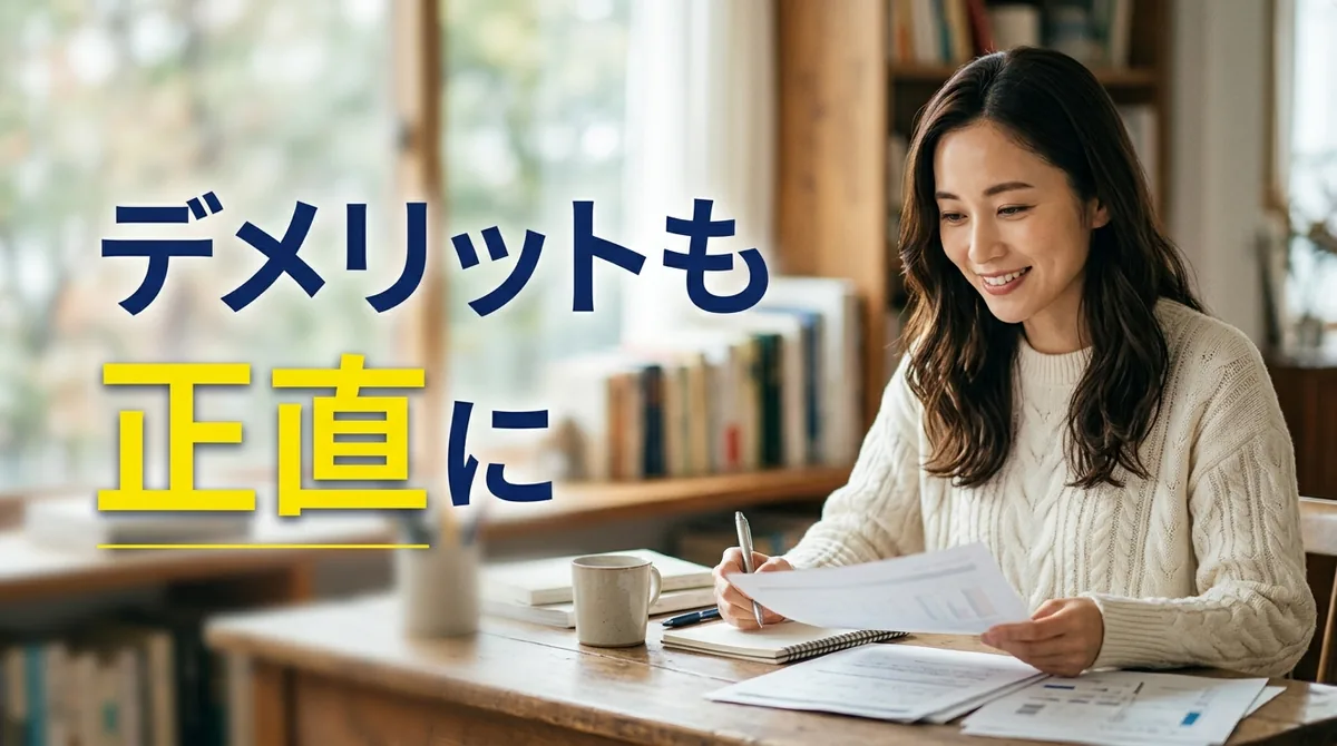 デスクで資料を見ながらテーマ選びを検討する人物と「デメリットも正直に」の見出し