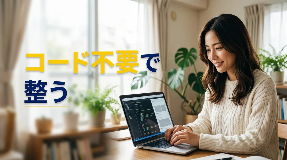 パソコン画面でサイトのデザインを調整する様子と「コード不要で整う」の見出し