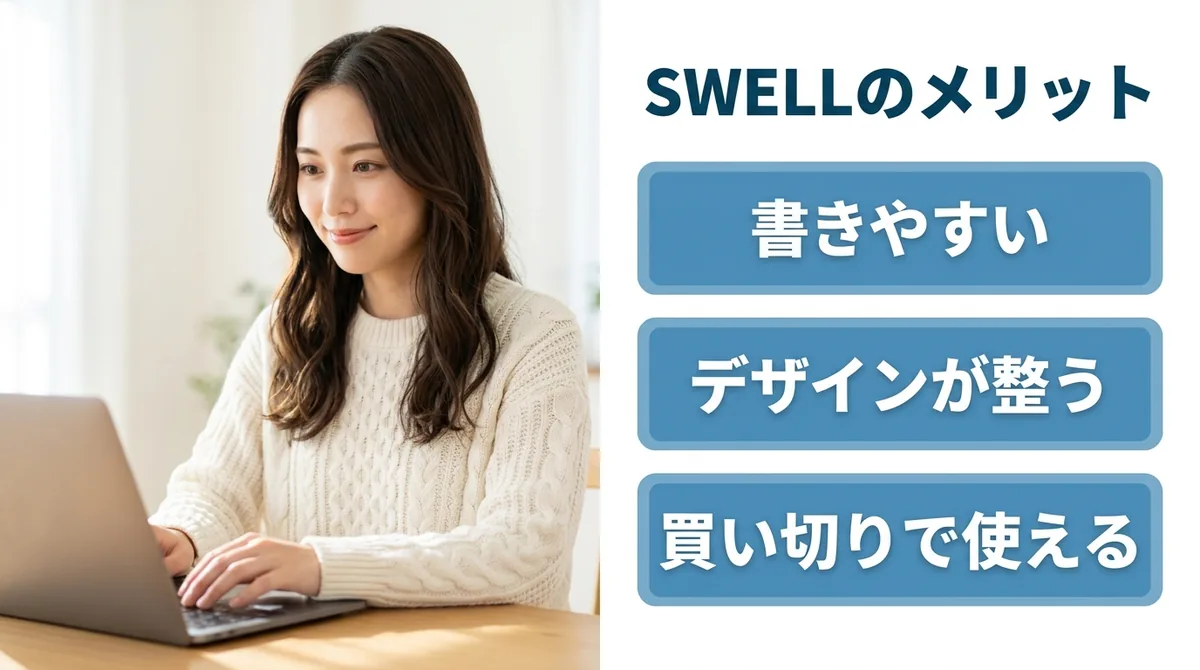 ノートパソコンで記事を書く人物とSWELLの主なメリットを示すカードの図解