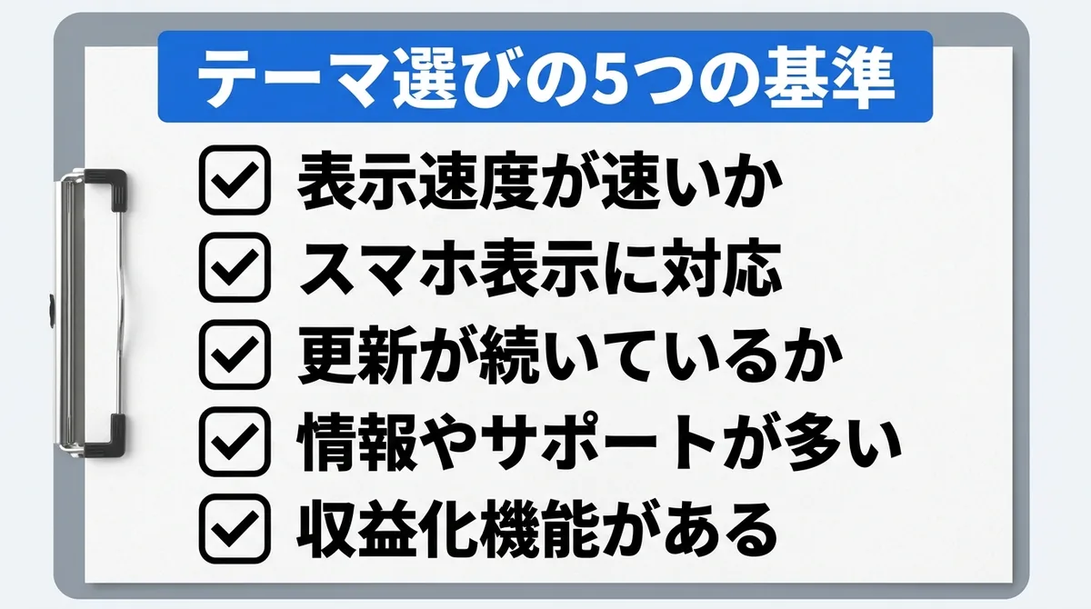 WordPressテーマ選びで確認すべき5つの基準を並べたチェックリストの図解